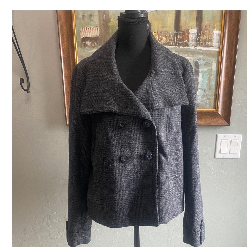 Esprit Grey Glen Plaid Wool Blend Double Breasted Pea Coat Jacket Wide Collar